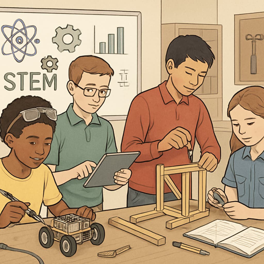 A group of students collaborating during a community workshop focused on STEM education. High school students participating in a STEM-focused community workshop.