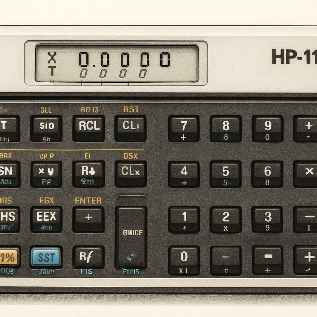 A close-up of the HP 11c calculator, focusing on its unique button layout and stack-based operation system. HP 11c calculator showcasing its stack-based input system.