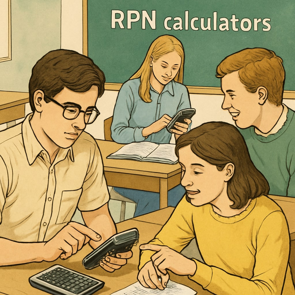 A classroom setting with students using RPN calculators, emphasizing active engagement and collaborative learning. Students using RPN calculators in a collaborative math class.