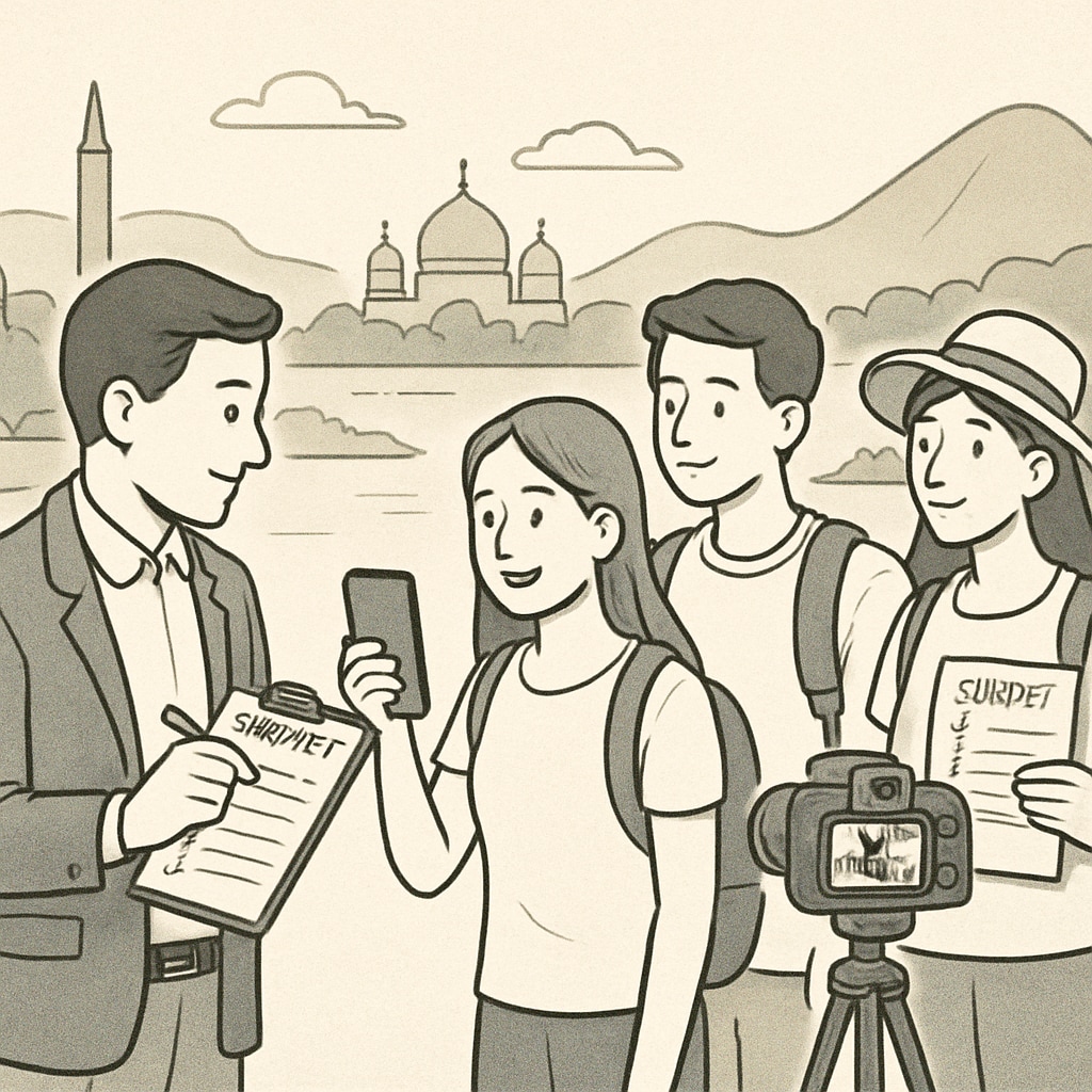 A researcher conducting a survey with participants in a tourism setting, focusing on short video content. Researcher collecting data for a master's thesis on tourism short videos.