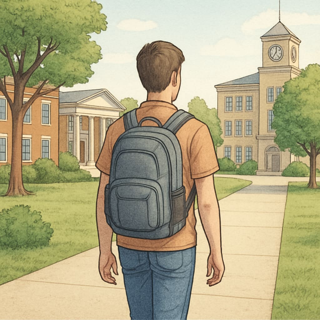A student wearing a comfortable backpack while walking on a college campus. Student with a practical backpack in a college setting.