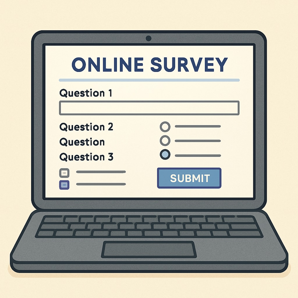 A well-designed online survey interface displayed on a laptop screen, illustrating effective questionnaire formatting. Online survey interface used for collecting data in tourism short video research.