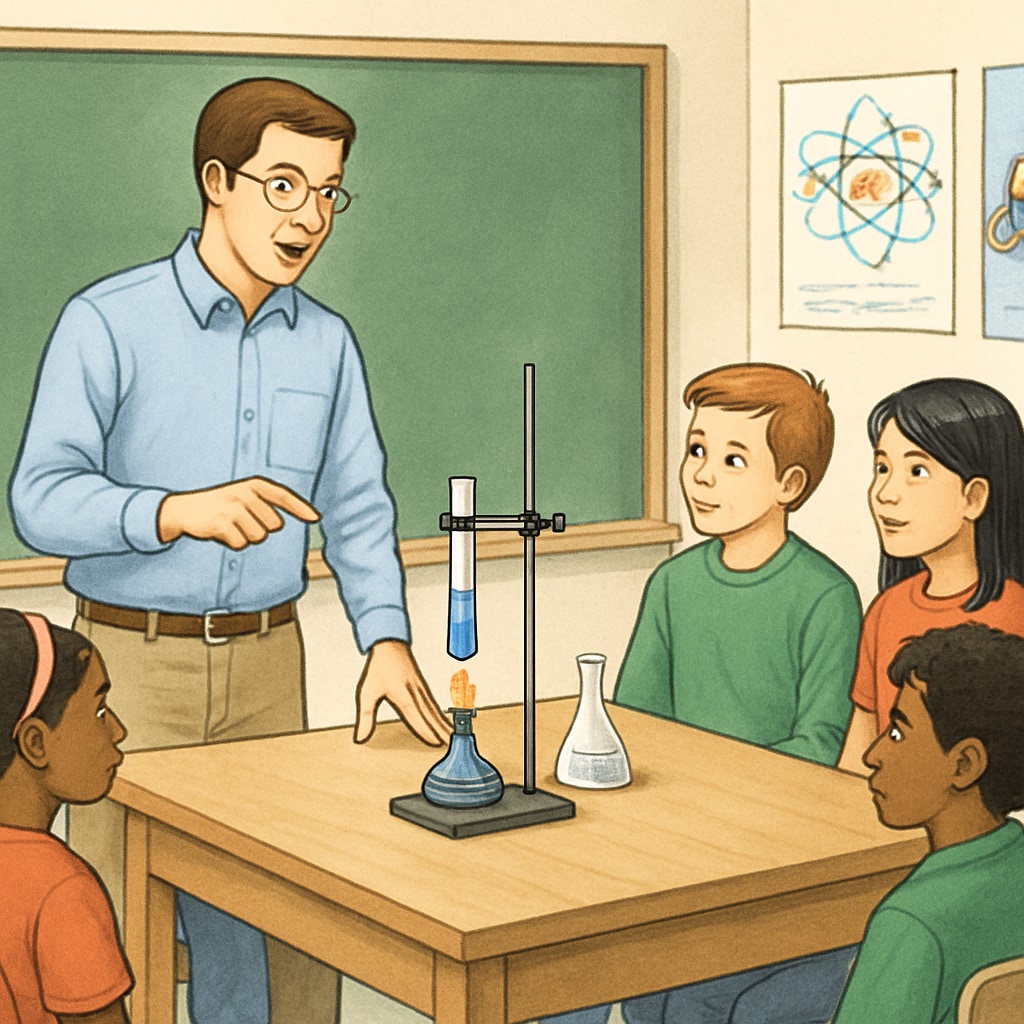 A teacher explaining a science experiment to a diverse group of students in a classroom setting. A teacher demonstrating science concepts to a group of English learners, using visual aids and interactive materials.