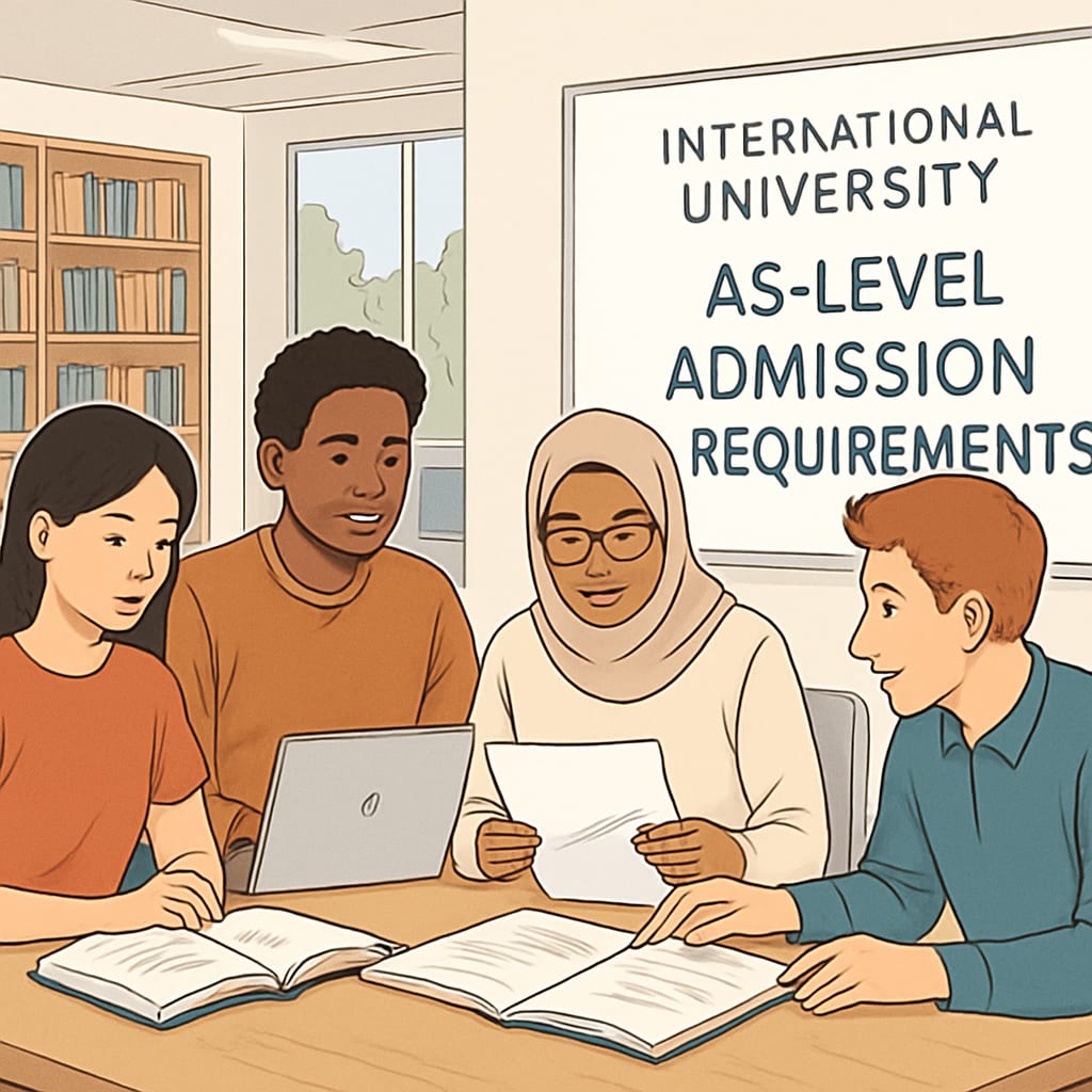 A diverse group of students reviewing AS-level admission requirements at an international university. Students discussing AS-level admission criteria and tuition fees at a university.