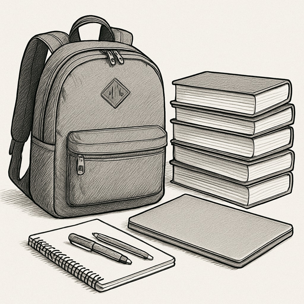 A budget-friendly backpack displayed alongside essential college items like textbooks and a laptop. Affordable college backpack with study essentials.