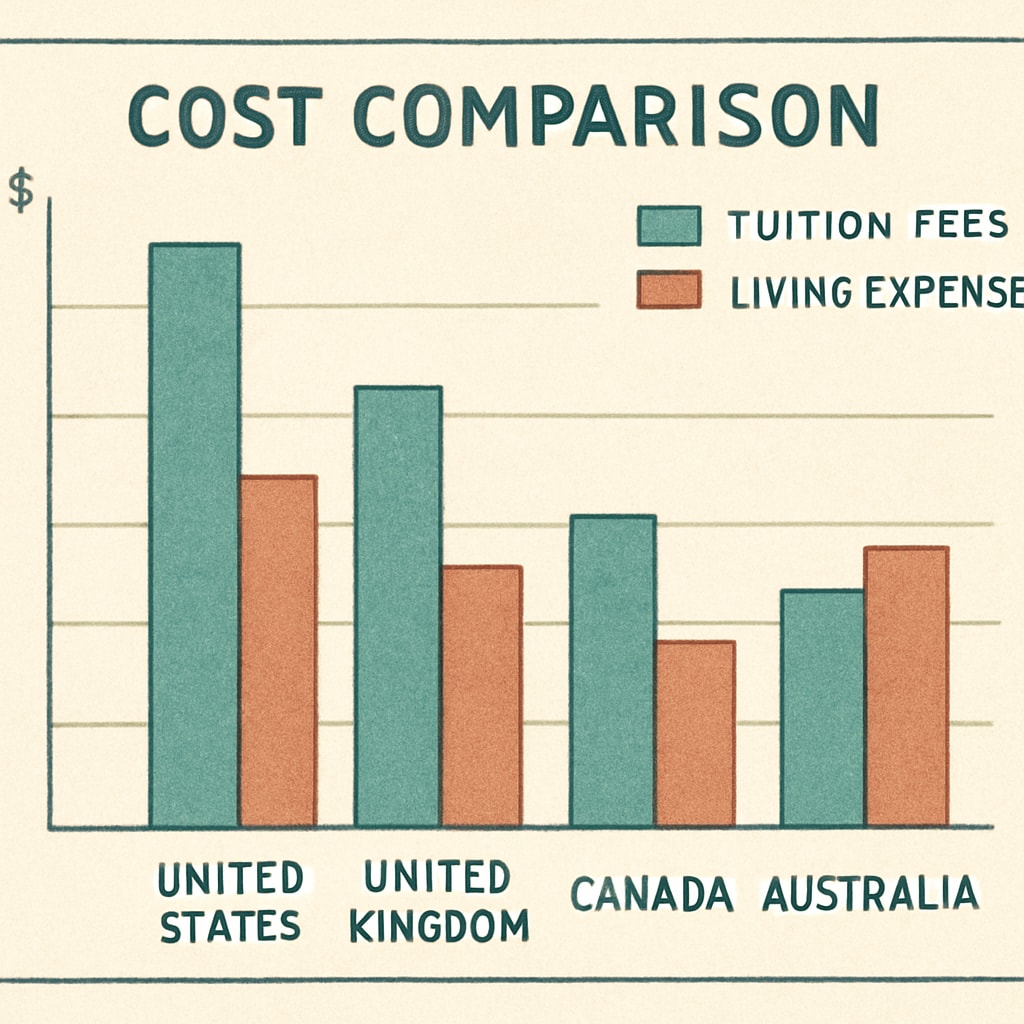 A cost comparison chart showing tuition fees and living expenses across popular study destinations. Tuition fee comparison chart for AS-level students studying abroad.