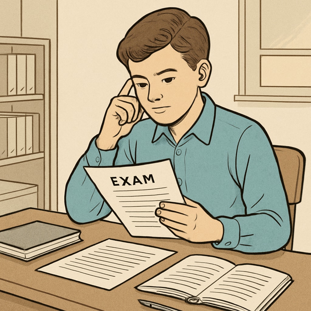 A young student sitting at a desk, looking thoughtful while reviewing exam papers. Student reflecting on their GCSE results.