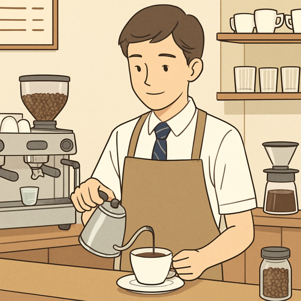 A high school student working at a local coffee shop during summer break. High school student working part-time in a coffee shop during summer vacation.