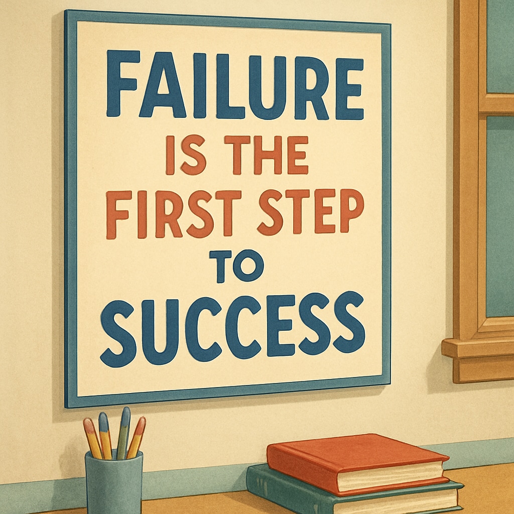 A motivational poster on a wall that says, “Failure is the first step to success.” Motivational poster encouraging students to overcome self-doubt.