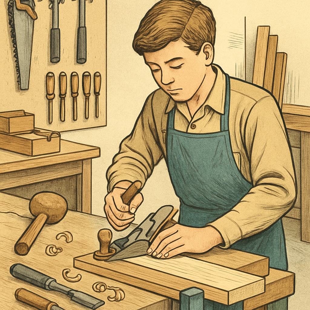A student in a vocational training workshop learning carpentry skills. A young person participating in a vocational training program to learn carpentry skills.