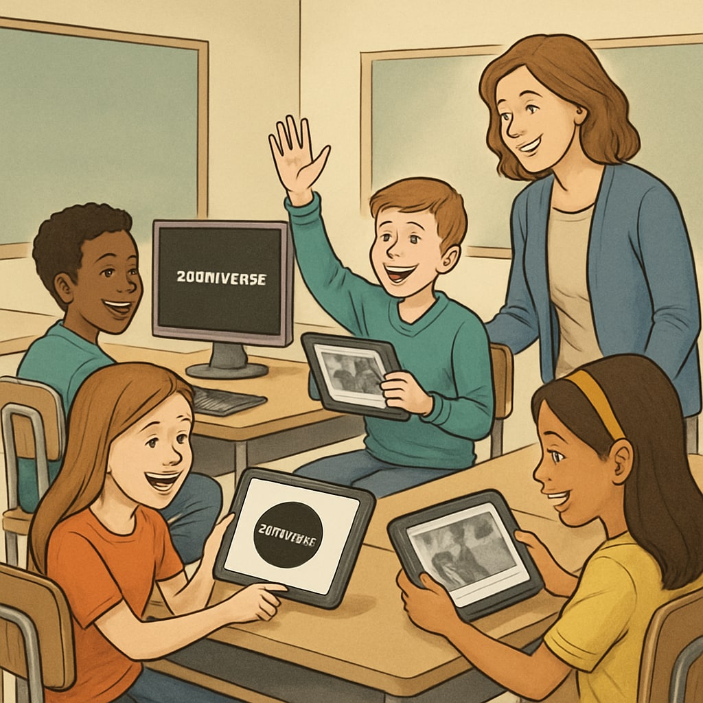 A classroom of K12 students engaging with Zooniverse citizen science projects on tablets and computers, showcasing active participation and excitement. K12 students participating in Zooniverse citizen science projects