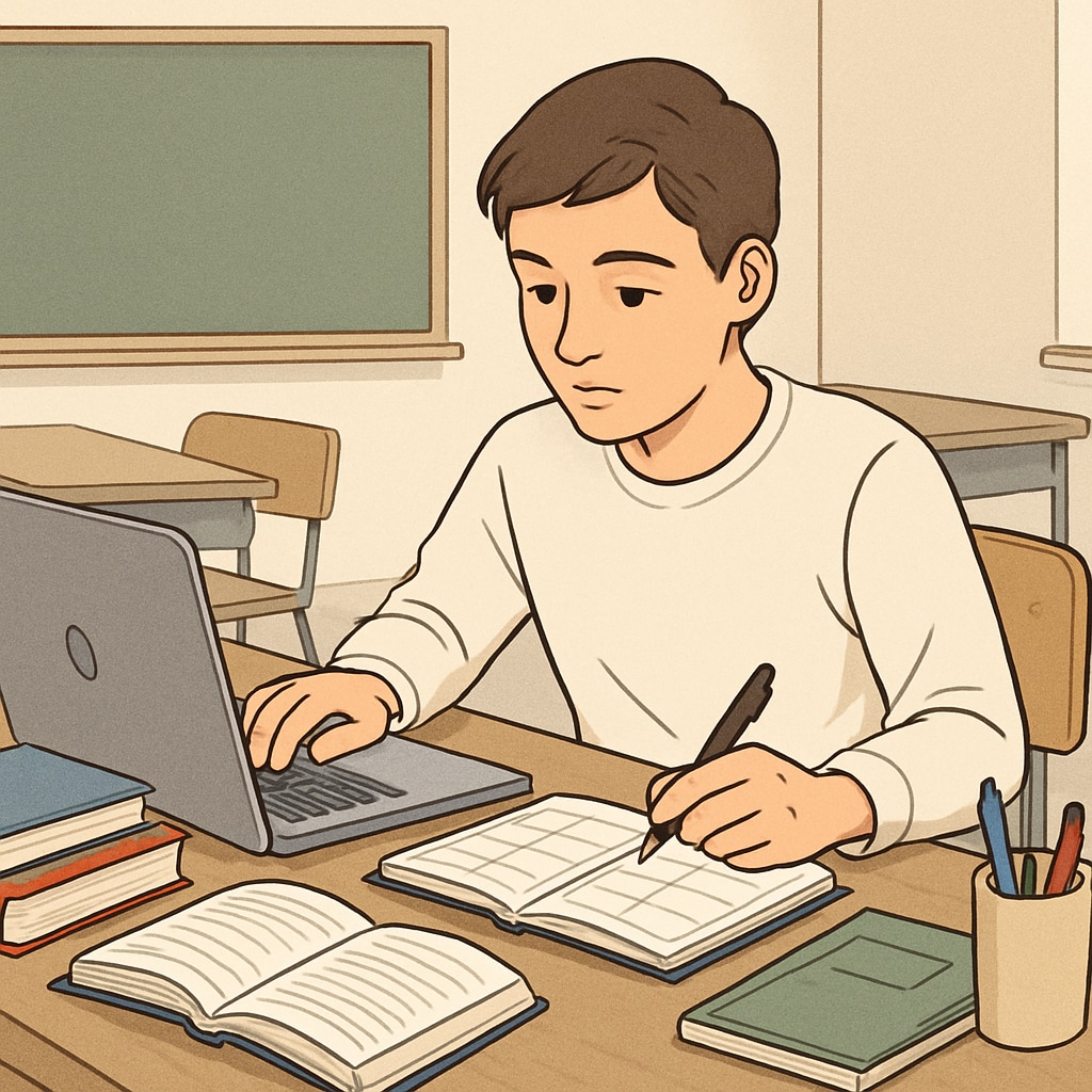 A student studying with a laptop and planner while taking a break from work. High school student balancing work and academics by studying during free time.