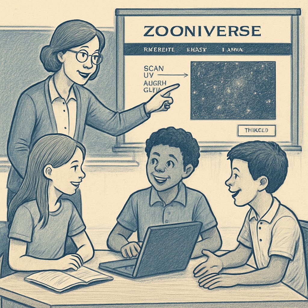 A teacher guiding K12 students through a Zooniverse science project, emphasizing teamwork and collaboration, with visible project screens in the background. Teacher helping students with Zooniverse science projects