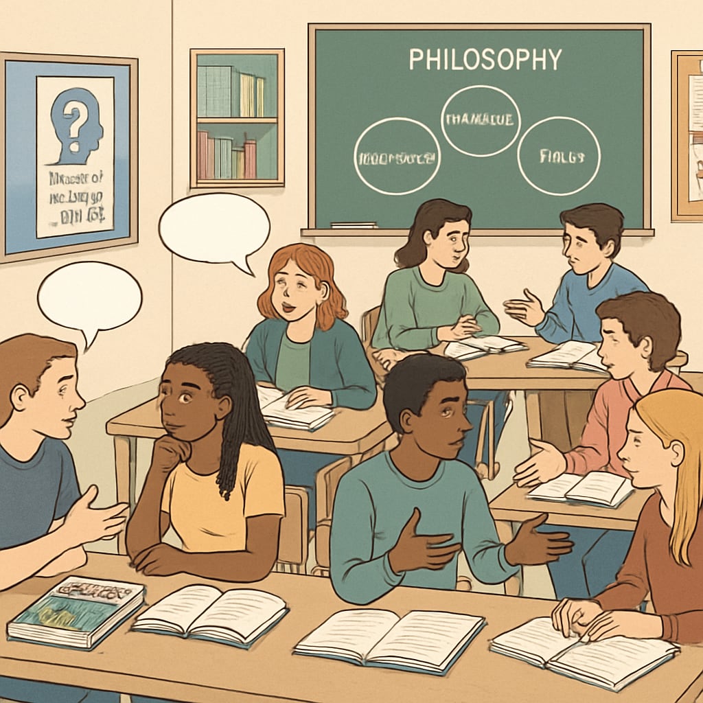 A classroom setting where students explore philosophical concepts through discussion; students seated in groups with books and charts. Students discussing philosophical concepts in a classroom setting.