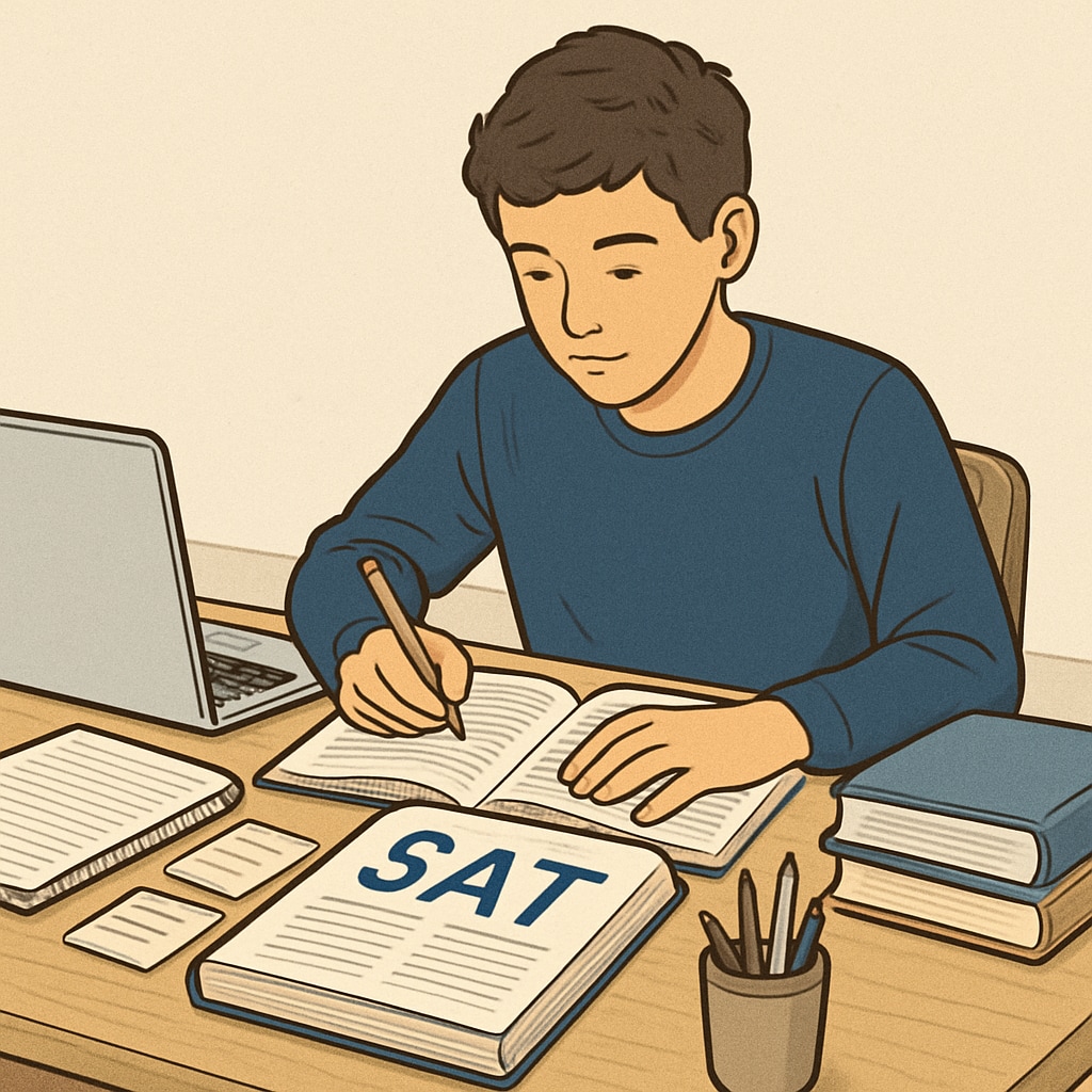 A student studying for the SAT with a laptop and study materials. An international student preparing for the SAT with study materials and a laptop.