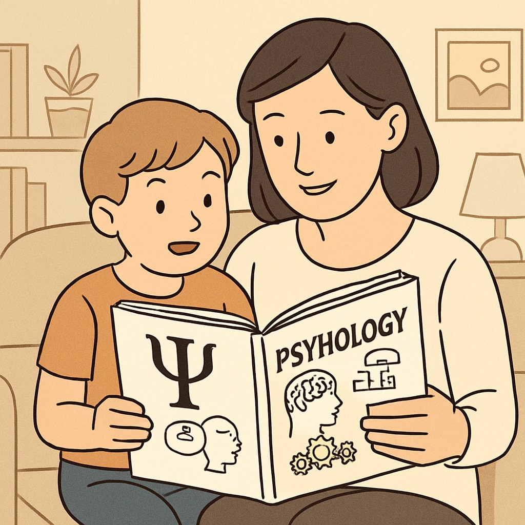 A parent and child reading a book about psychology concepts together at home; the book cover displays psychology-related illustrations. Parent and child exploring psychology concepts through reading.