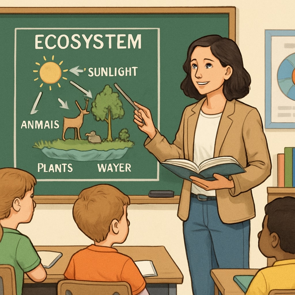 A biology graduate teaching young students about ecosystems on a classroom blackboard. Biology graduate teaching ecosystems in a classroom.