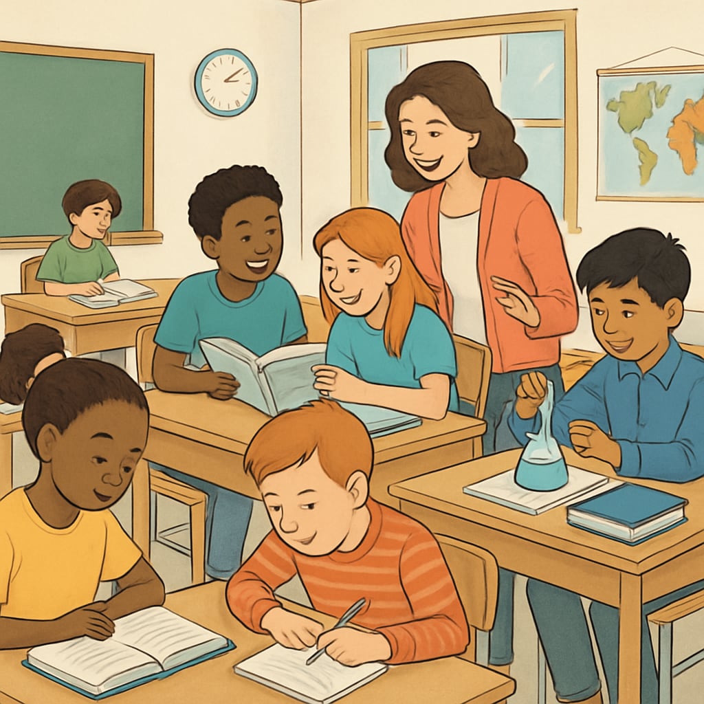 A classroom with students engaged in diverse activities, showcasing an inclusive and dynamic teaching environment. Inclusive teaching environment in a public elementary school.