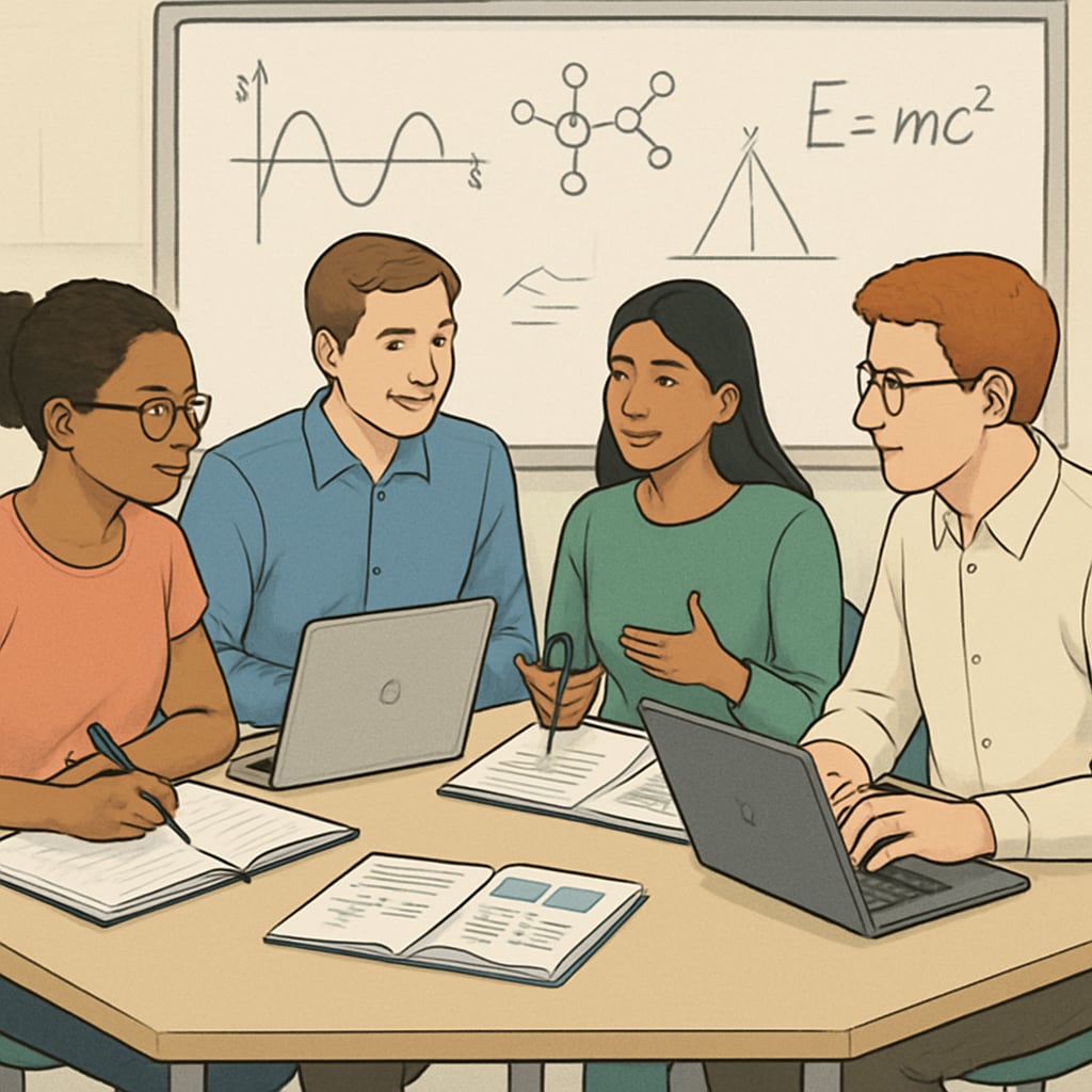 A group of graduate students with STEM backgrounds attending an education workshop. Graduate students with STEM backgrounds in an education workshop.
