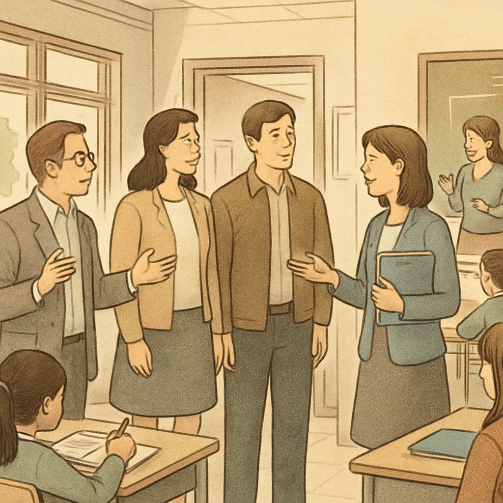 Parents visiting a school campus, engaging with teachers and observing the learning environment. Parents visiting a public elementary school to evaluate its environment.