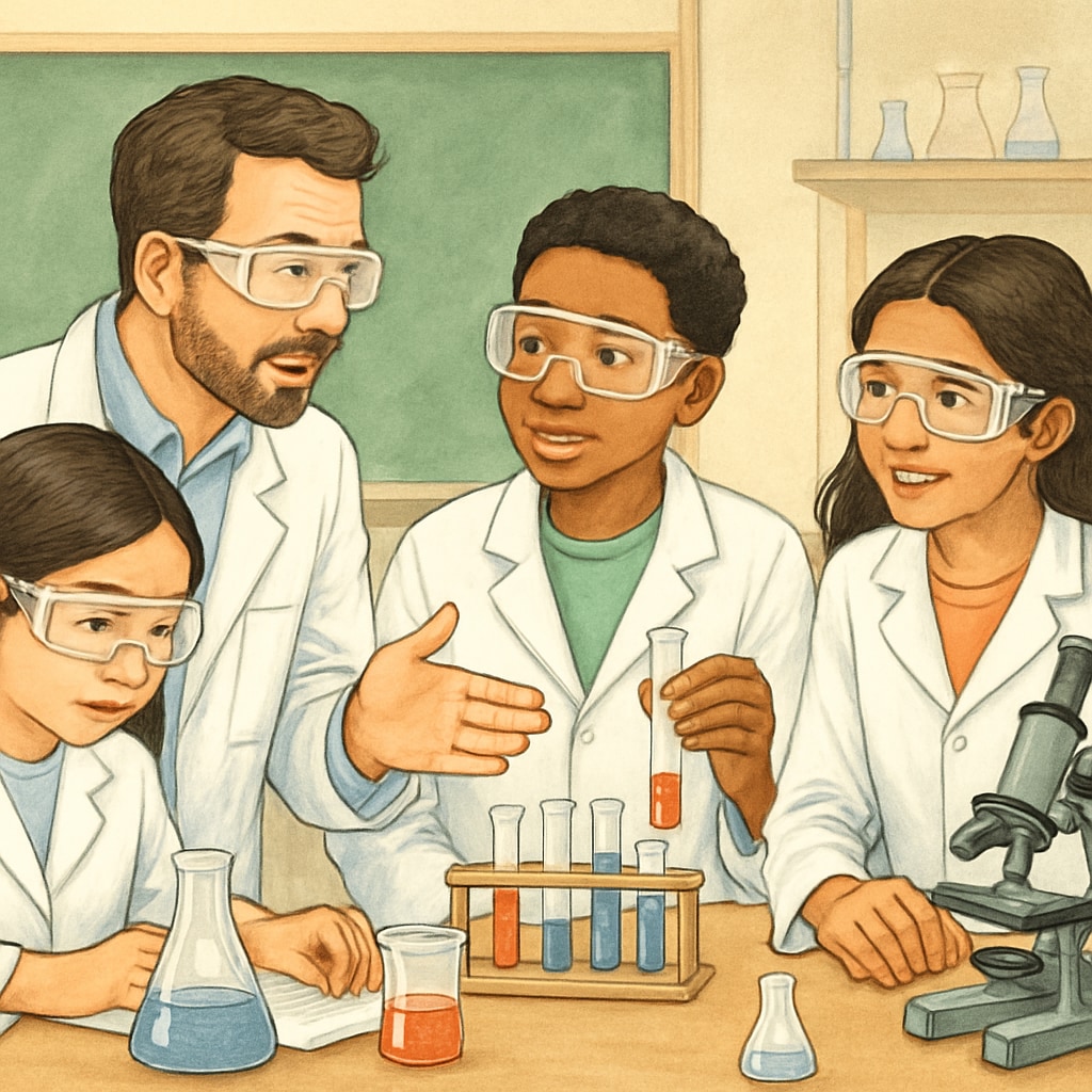 A high school science teacher assisting multilingual students during a laboratory experiment. The teacher is explaining procedures while students work collaboratively. High school science teacher assisting multilingual learners during a lab experiment.
