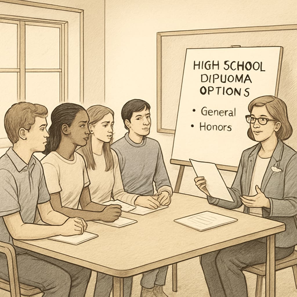 A group of students reviewing high school diploma options with a counselor in a classroom setting. Students discussing high school diploma options with a counselor.