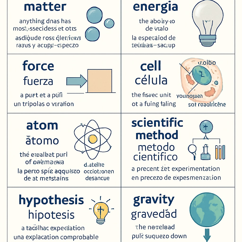 A word wall in a science classroom displaying key terms and their definitions in English and another language. The wall includes visuals to support understanding. Science classroom word wall with bilingual terms for multilingual learners.