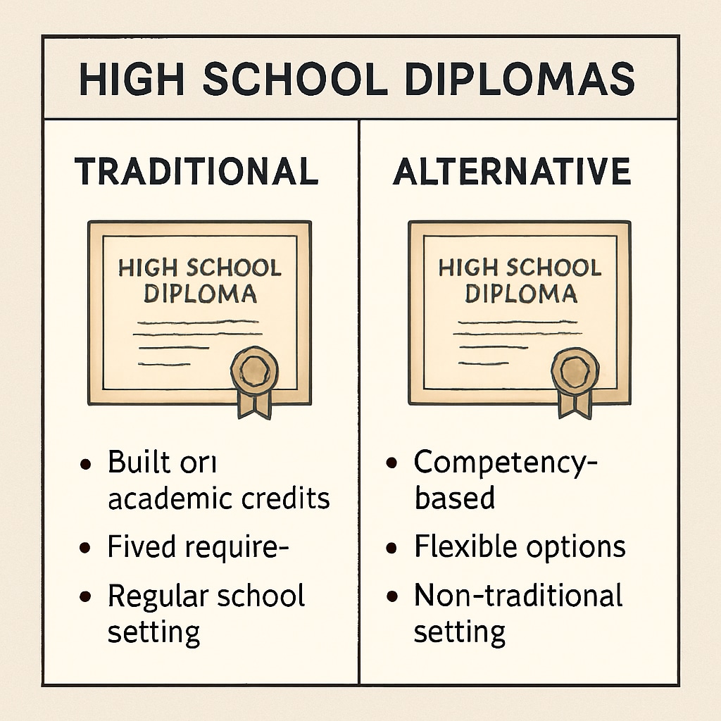 A visual comparison chart of traditional versus alternative high school diplomas. Chart comparing traditional and alternative high school diplomas.