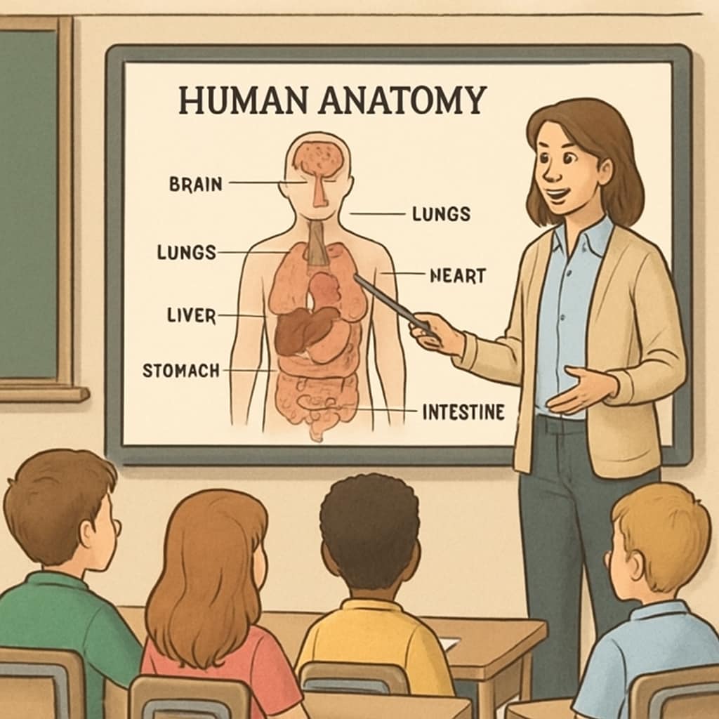 Medical education in K12 classrooms with a teacher and digital tools.