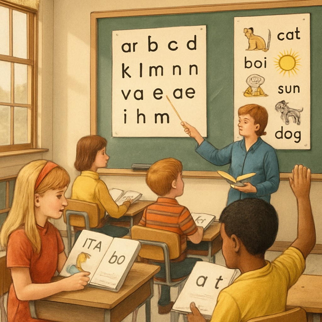 1970s classroom with children learning ITA using specialized materials.