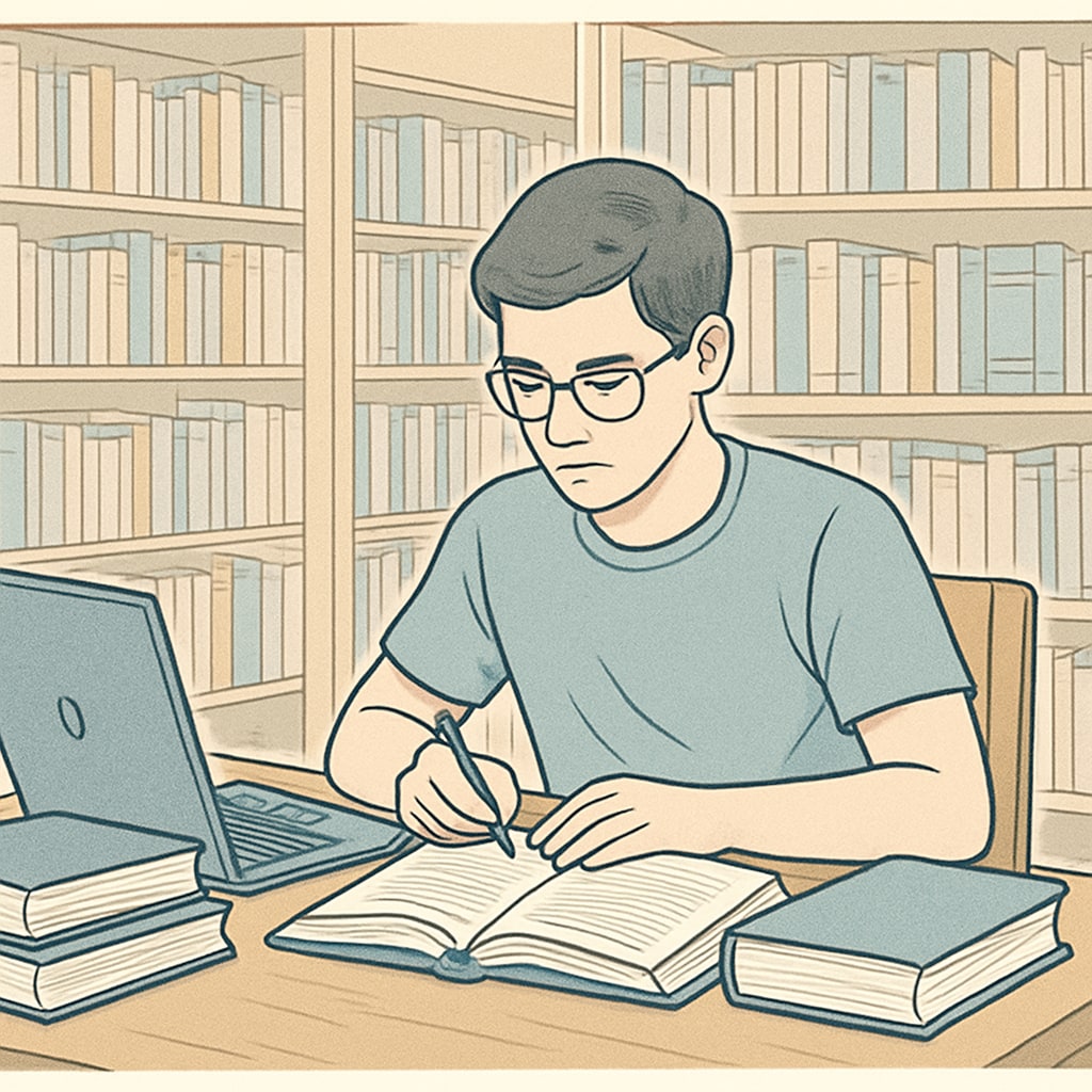 A student sitting at a library desk, studying with books and a laptop, representing qualification uplift in the UK.