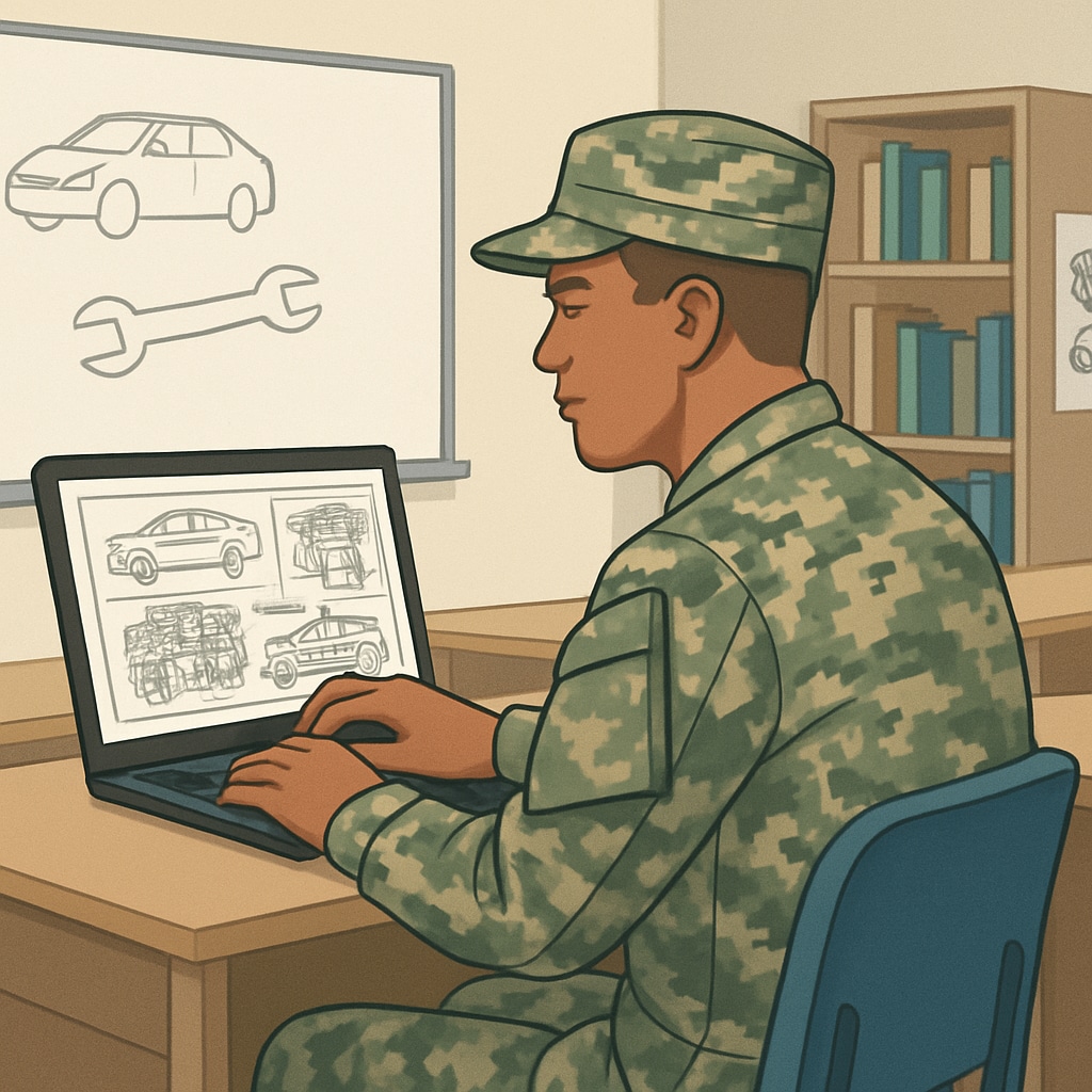 A military veteran reviewing automotive schematics on a laptop in a classroom setting. The image represents the connection between military experience and automotive education. Military veteran studying automotive schematics.