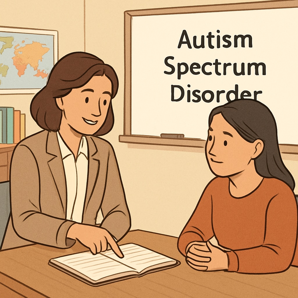 A teacher and parent discussing strategies for supporting a child with autism spectrum disorder during a school meeting. The image emphasizes collaboration and understanding. Teacher and parent discussing autism spectrum support strategies during a meeting.