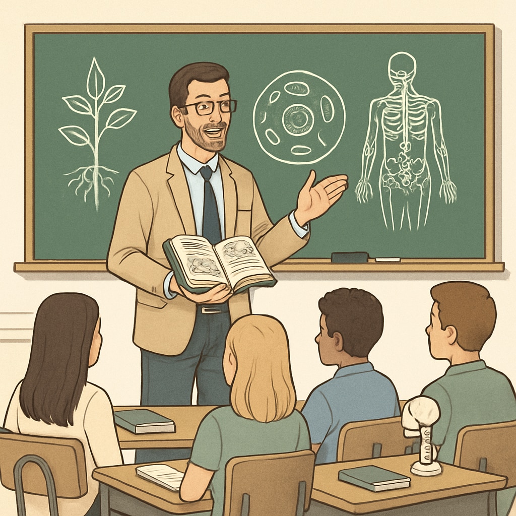 A classroom setting with a biology teacher explaining a concept to students, emphasizing the connection between biology expertise and teaching. A biology teacher in a classroom demonstrating how biology knowledge can be applied in teaching.