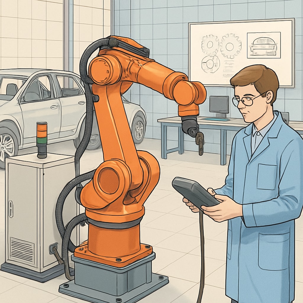 A student working on an industrial robot arm in a university lab, symbolizing advanced technical education in automotive or related fields. Student working on industrial robotics in a university lab.