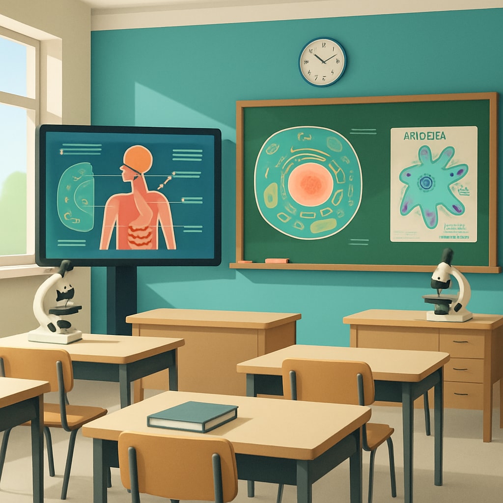 A modern classroom with digital tools and visual aids used for biology teaching, showcasing innovative education methods. A tech-enabled biology classroom highlighting new teaching approaches in STEM.