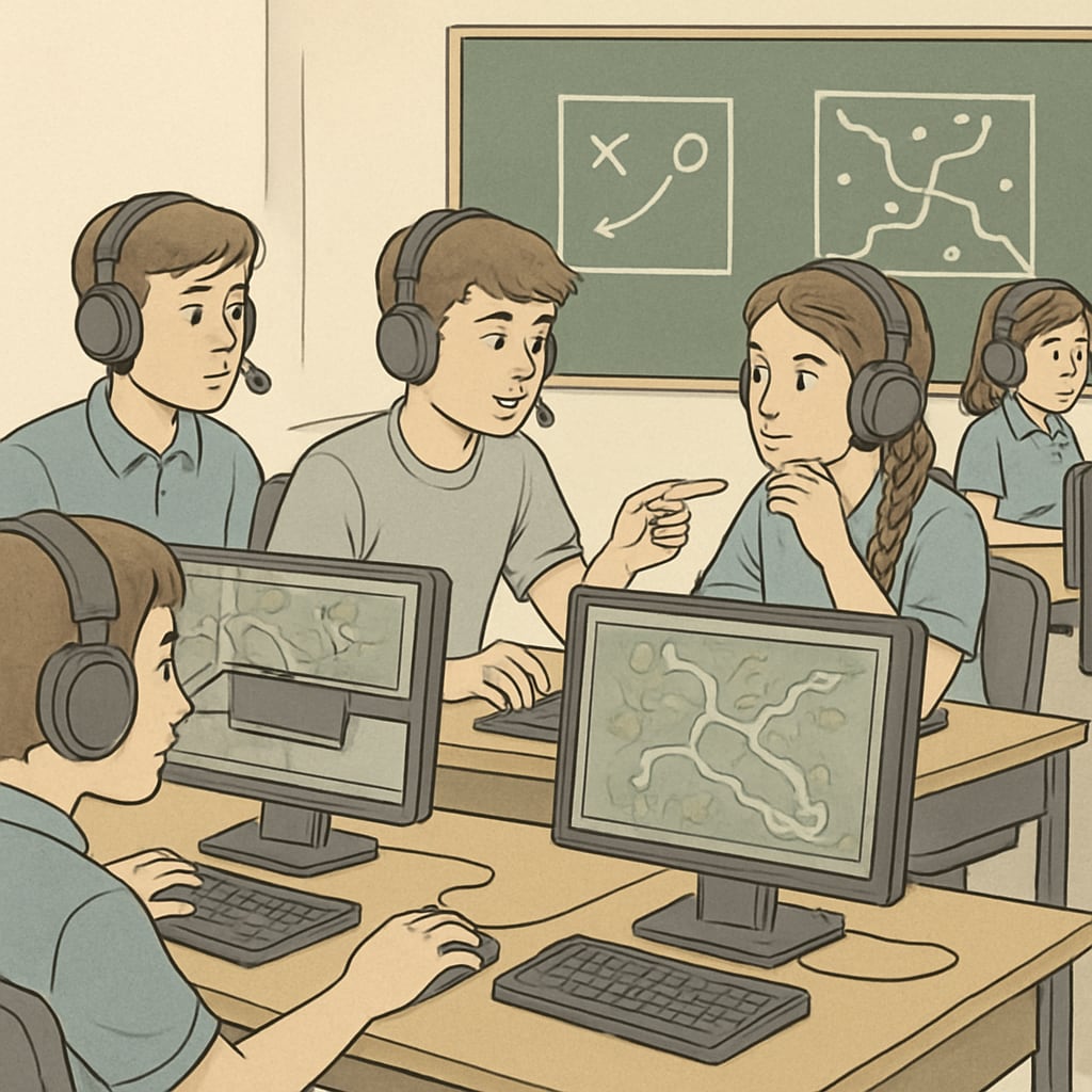 A classroom of students engaged in esports activities, showcasing teamwork and strategy development. Students participating in esports activities as part of a gamified learning program.