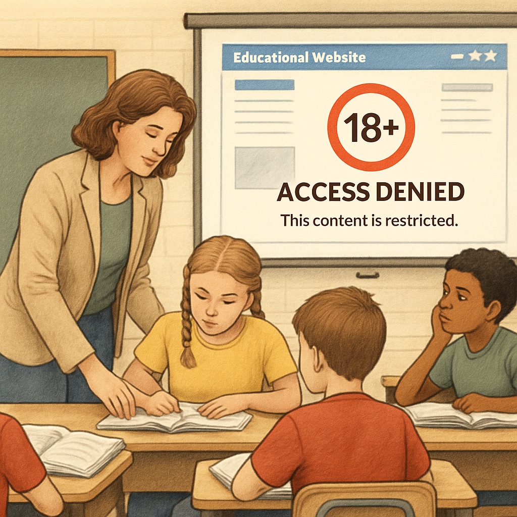 Classroom scene with a teacher and students facing age verification barriers on an educational site.