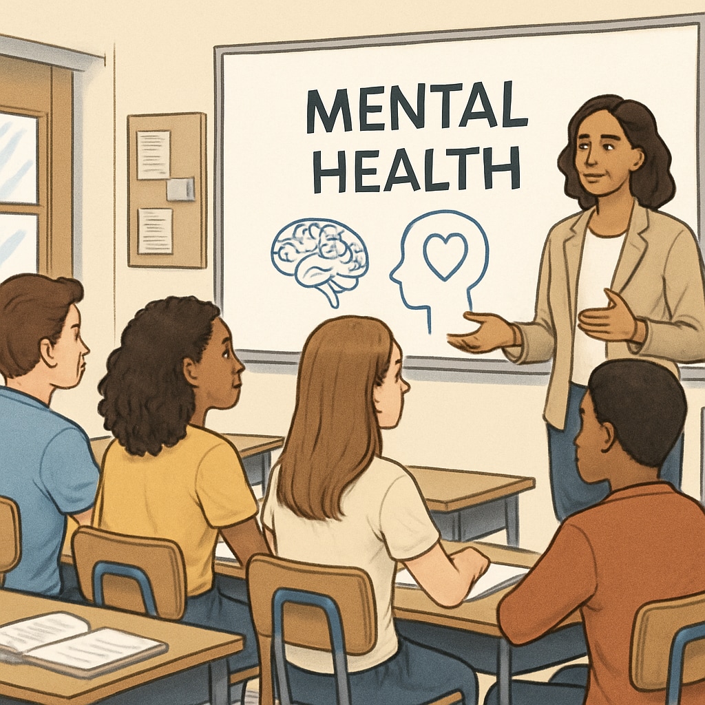 A group of high school students attentively listening to a speaker presenting mental health insights in a classroom. The image conveys engagement and focus on the topic of mental health. High school students participating in a mental health workshop led by medical students.