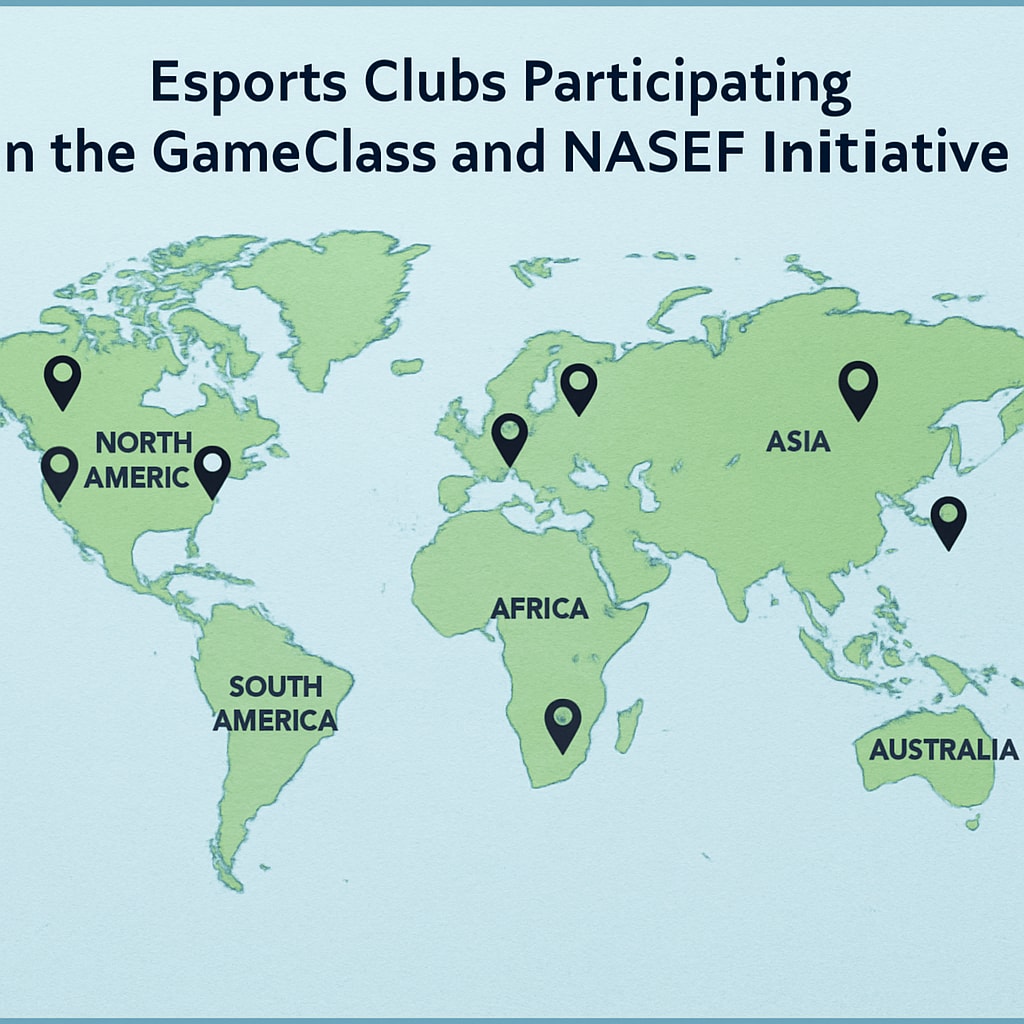 A global map highlighting the locations of esports clubs participating in the GameClass and NASEF initiative. Map showing global reach of the GameClass and NASEF esports education program.
