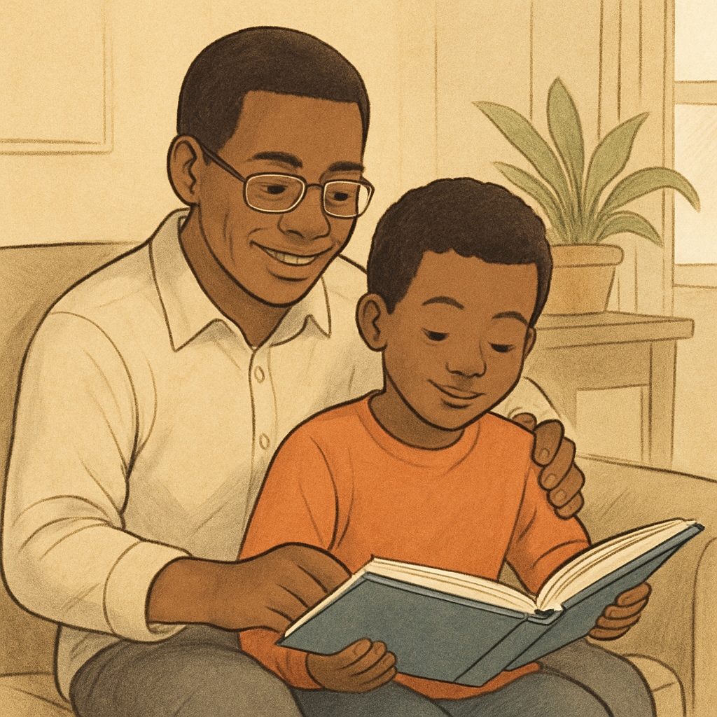 A child reading a book at home with a parent, symbolizing nurturing a love for reading. A young student reading with a parent, representing reading comprehension and interest.
