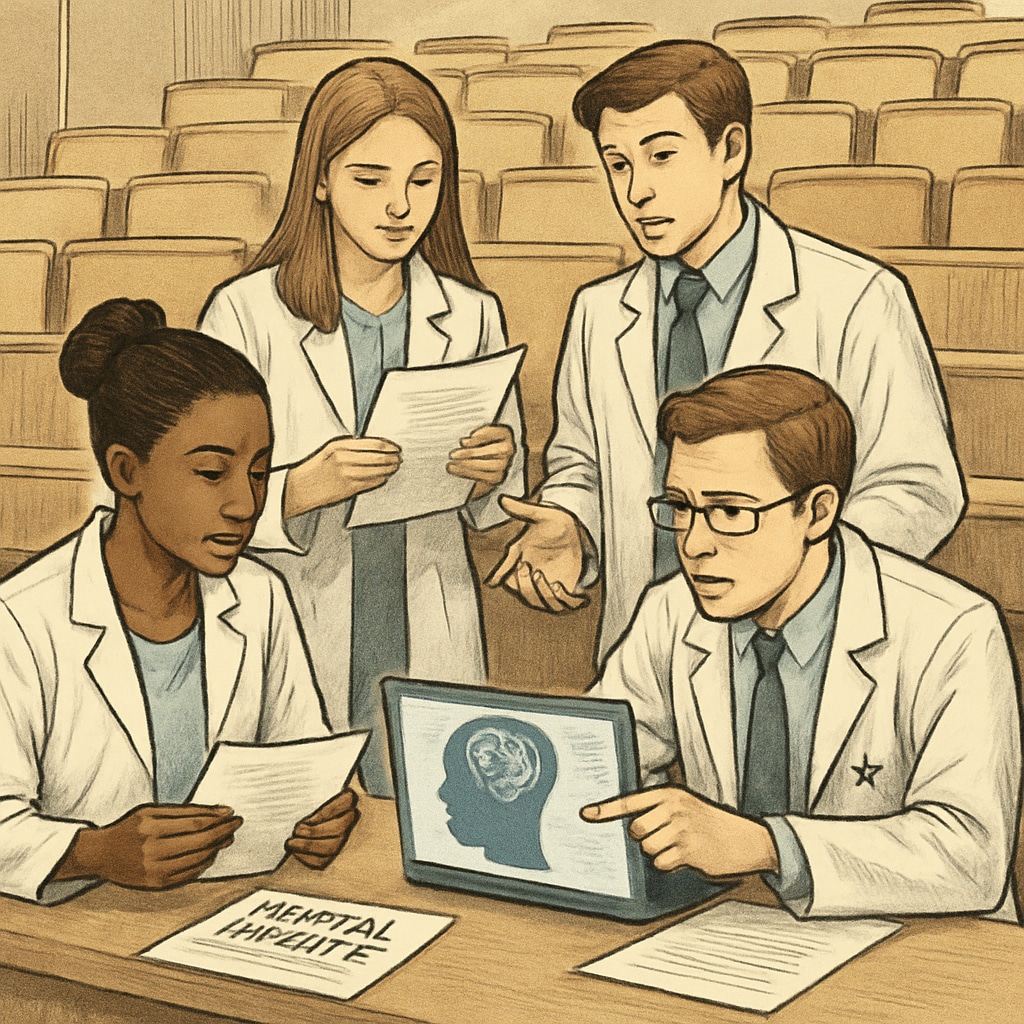 Medical students preparing for a mental health presentation in a school auditorium, reviewing slides and handouts together. The image conveys collaboration and readiness for impactful public speaking. Medical students organizing resources for a high school mental health workshop.