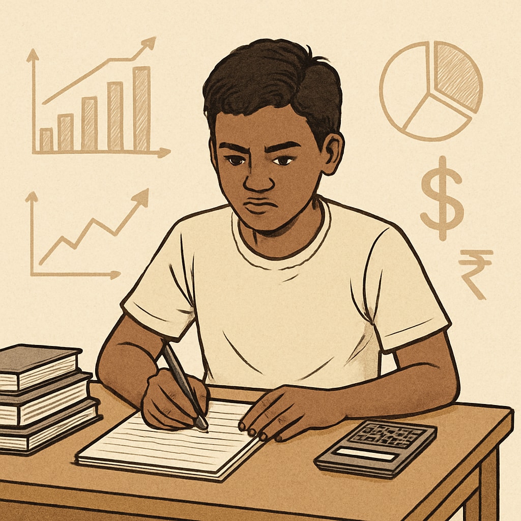 A finance student from a developing country studying with limited resources, symbolizing the challenges faced in financial education and career planning. Finance student studying with limited resources in a developing country
