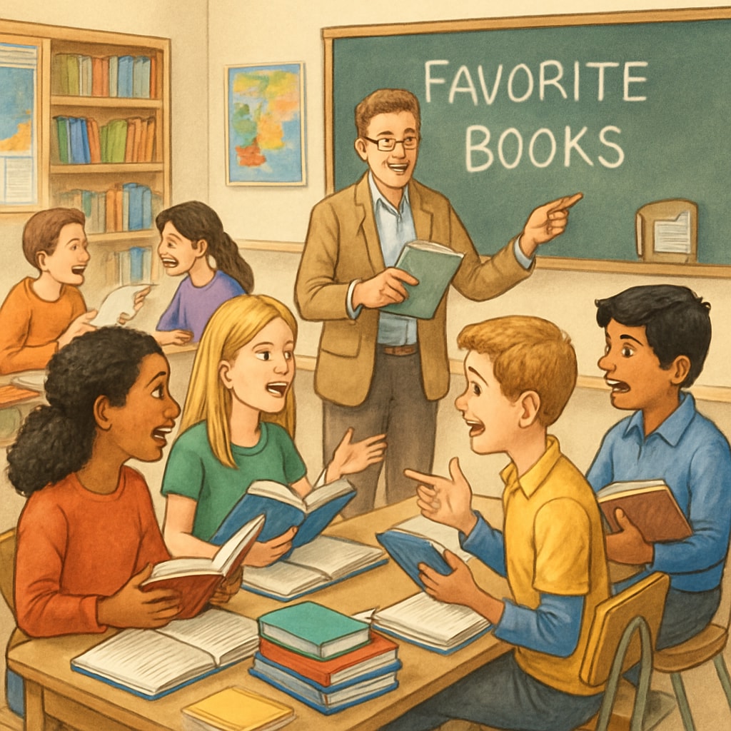 A lively classroom discussion where students talk about their favorite books, illustrating interactive reading activities. Elementary students discussing books in a classroom to encourage reading interest.