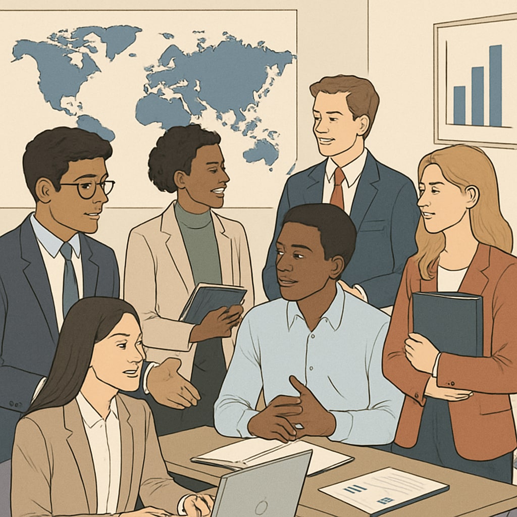 A diverse group of international finance students networking during a global education program, representing global opportunities and collaboration. International finance students networking during a global education program