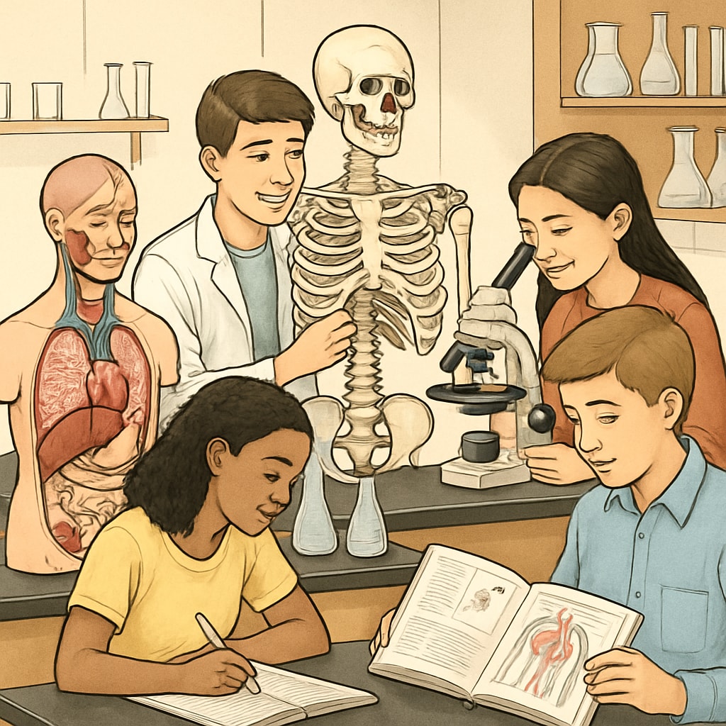 A group of high school students participating in a science lab focused on anatomy and physiology studies. High school students in a science lab learning anatomy for nursing preparation.