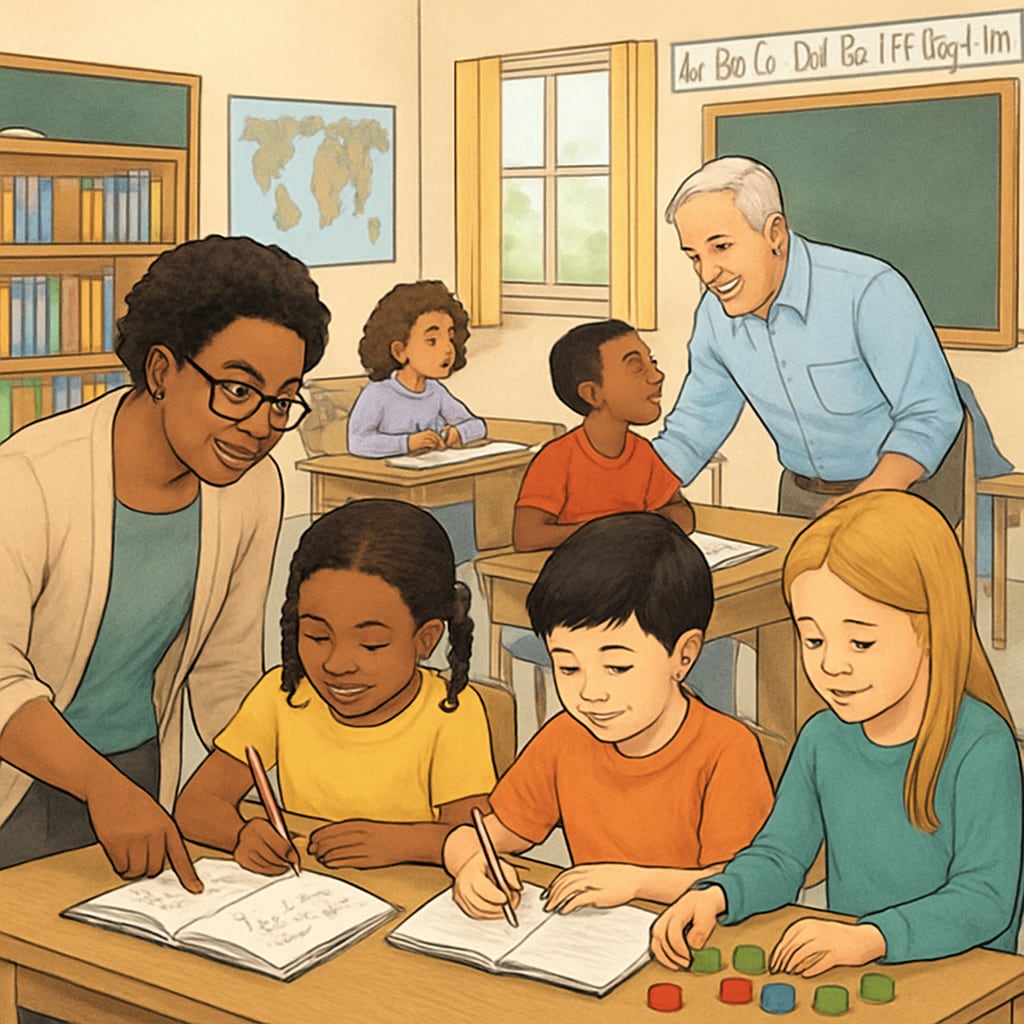 A classroom in a public school showing diverse students and educators working collaboratively. Public school classroom highlighting diverse students and teachers.