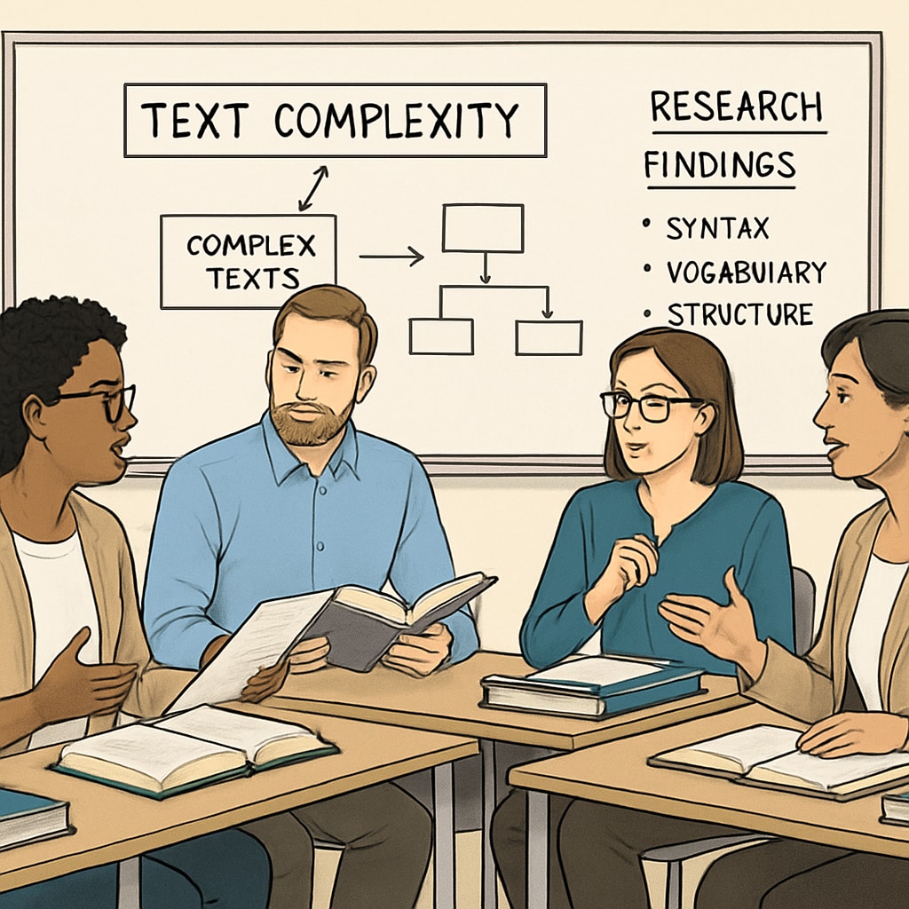 A group of teachers discussing text complexity research in a classroom setting. Teachers collaborating on text complexity research for better reading comprehension.