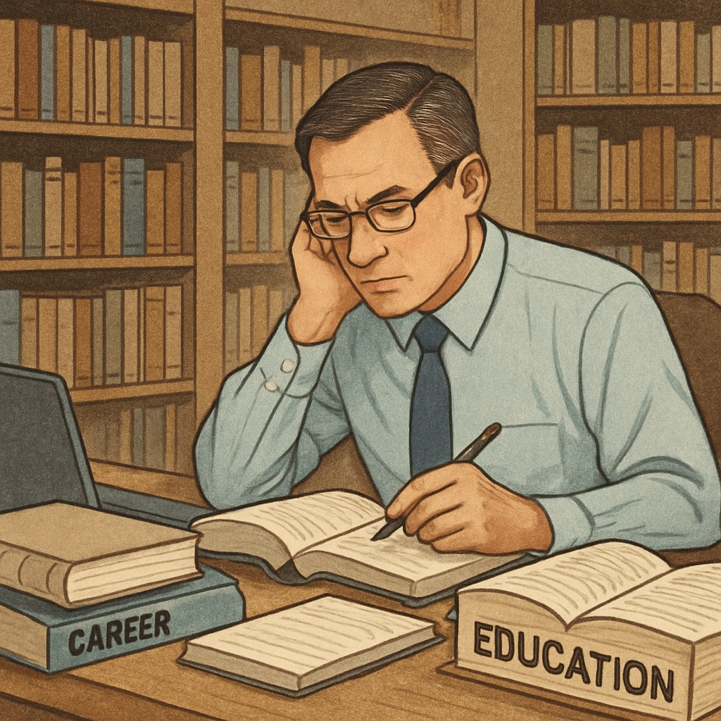 Adult learner studying in a library with work-related materials