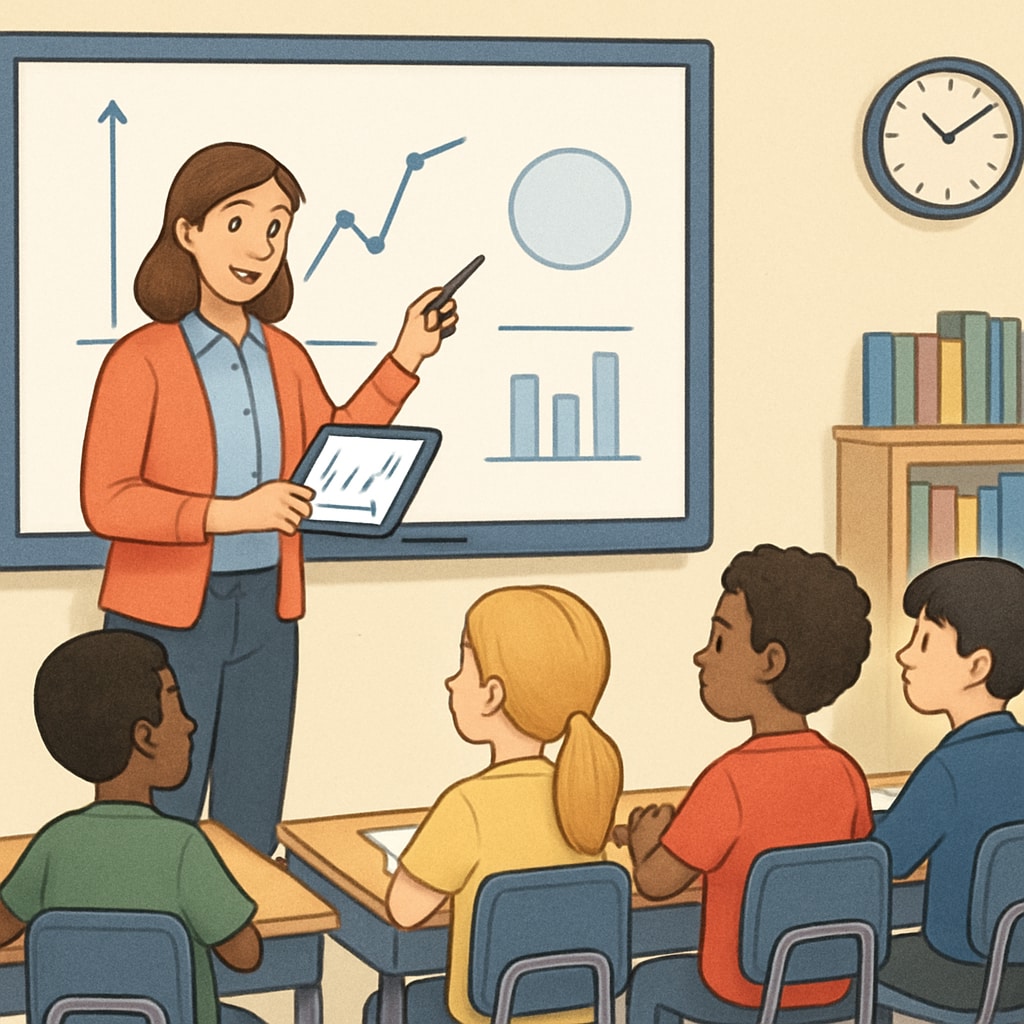 A teacher using interactive technology to engage students in a classroom setting. Public school teacher using technology to enhance learning.